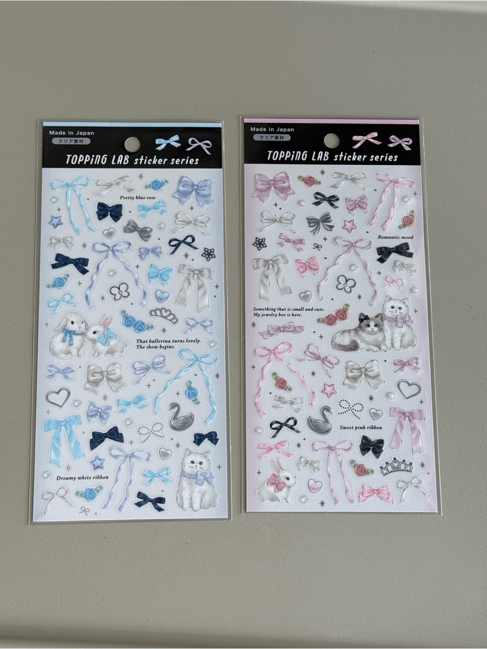 Y2K Kawaii Topping Lab Sticker Sheets – Blue & Pink Ribbon Cat Designs